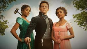 Simone Ashley, Jonathan Bailey y Charithra Chandran, en una imagen promocional de la segunda temporada de ’Los Bridgerton’.
