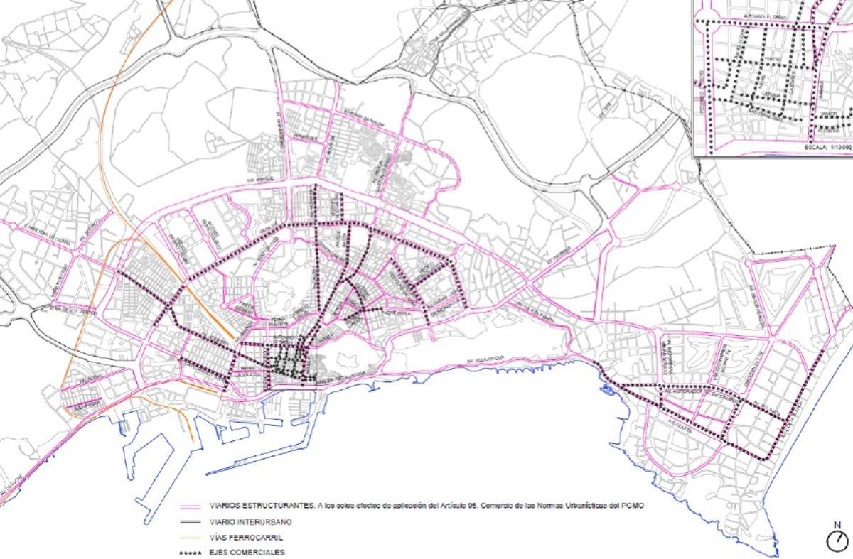Plano de los ejes comerciales y viarios estructurantes afectados por la modificación del Plan General.