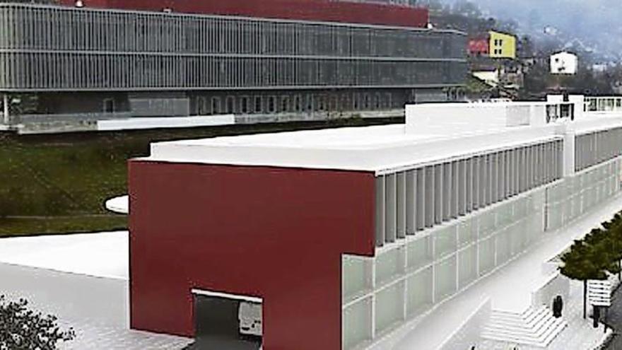 Recreación virtual del futuro centro tecnológico, en primer término, con el actual edificio TIC y el castillete del pozo Entrego a la izquierda.