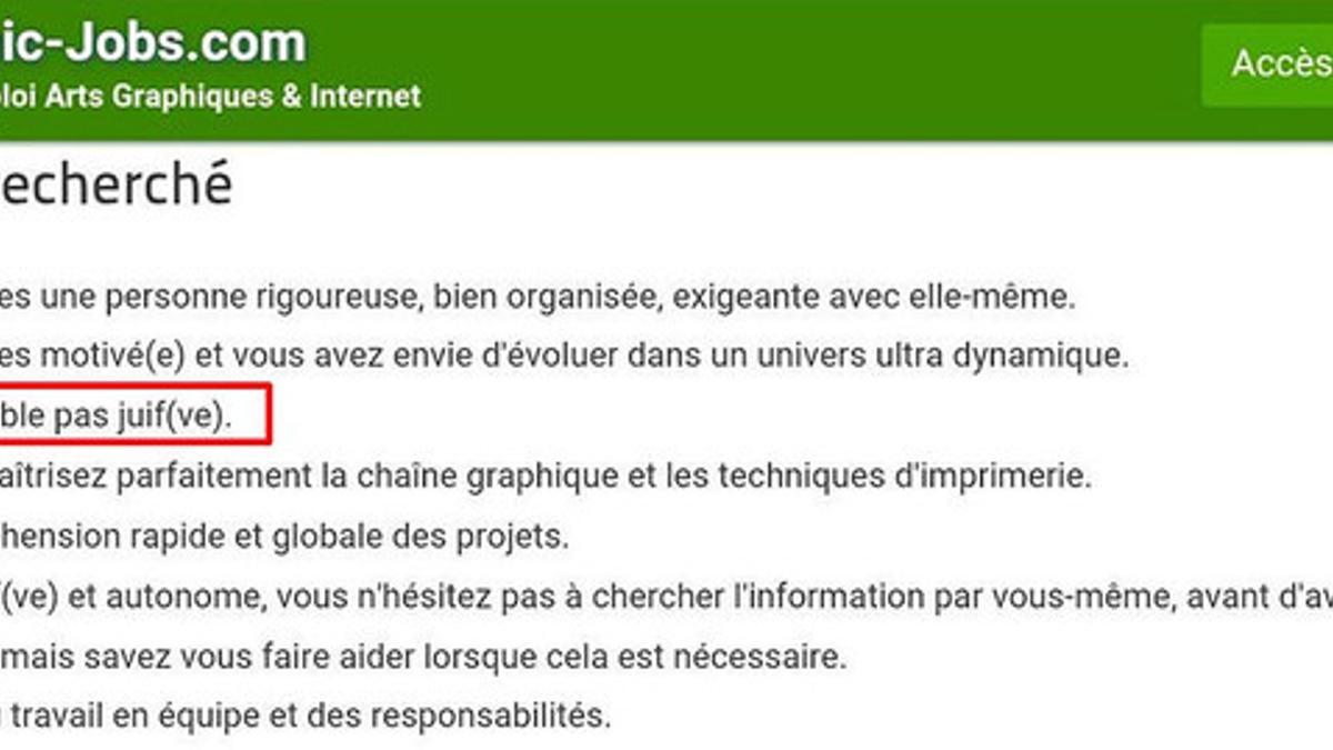 Captura de la polémica oferta de empleo, que buscaba a un empleado &quot;no judío&quot;, y que ya ha sido retirada.