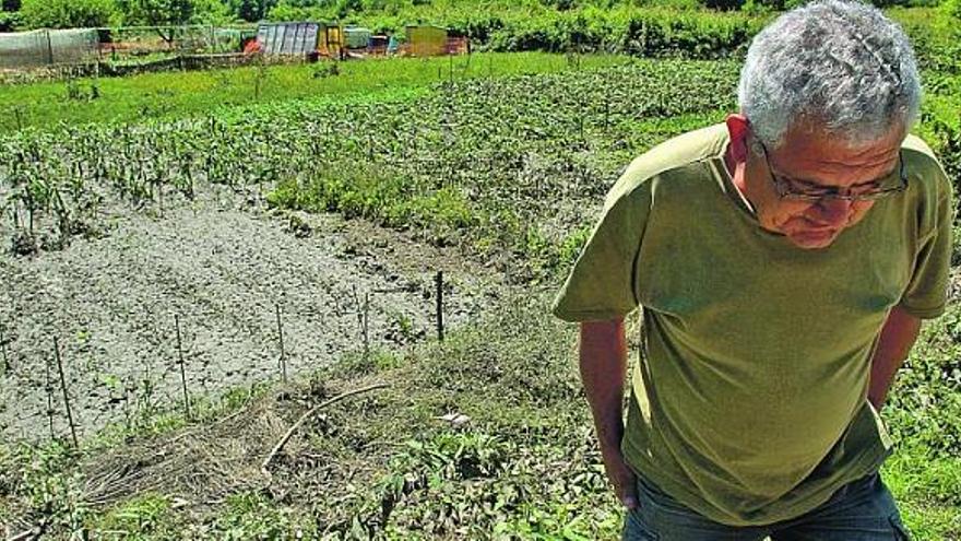 El agricultor José Santos, ante su finca, completamente destrozada por la fuerza de la riada, en Las Caldas (Oviedo).