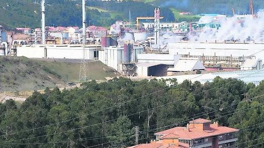 Las vías de Feve a su paso por el Peñón de Raíces; al fondo, las instalaciones de AZSA y Cristalería.