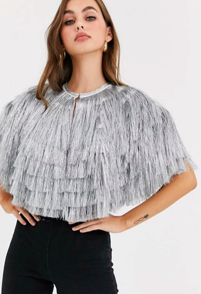 Capa plateada con borlas y diseño holográfico con purpurina de ASOS DESIGN