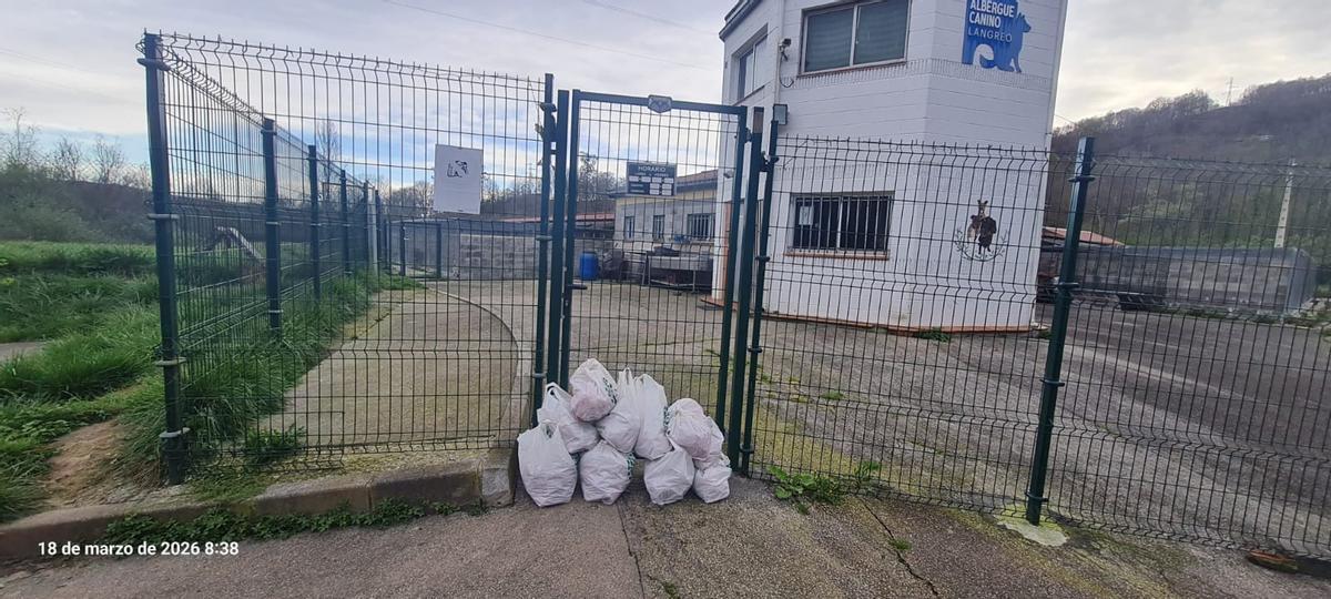 Bolsas de comida almacenadas frente al albergue de Langreo.