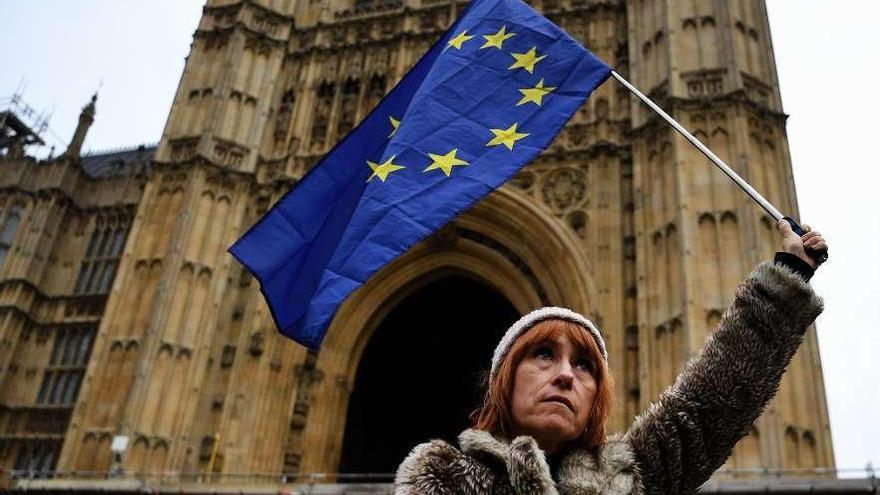 Una opositora al &quot;Brexit&quot; hace ondear una bandera de la UE ante el Parlamento británico. // Efe