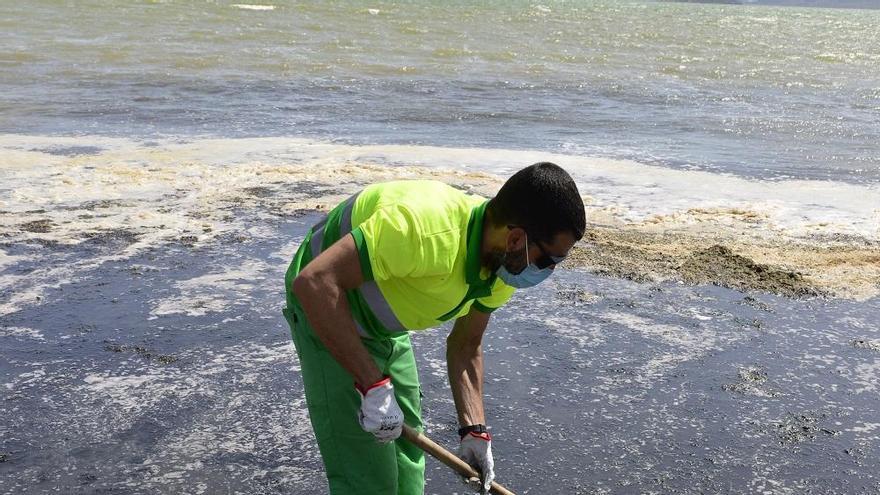 Un operario limpia de fango y biomasa las playas de Los Urrutias este año. Iván Urquízar