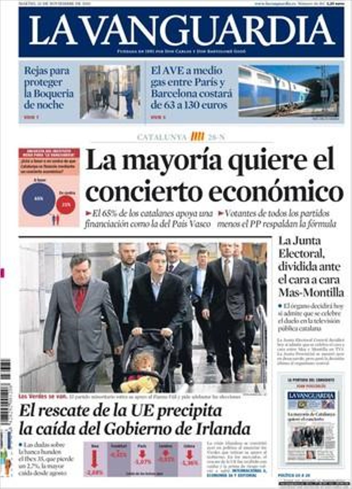’La Vanguardia’ destaca també a dins que 10 milions de llars consumeixen a Espanya més del doble de l’energia desitjable, que l’Hospital de la Vall d’Hebron s’ampliarà i obrirà un hospital satèl·lit a Sant Andreu, que Gol TV tallarà el senyal a 9.500 bars abans del Barça-Madrid, i que la venda d’infraestructures (aeroports, carreteres, hospitals...) arriba a Espanya als 11.780 milions en tres anys.