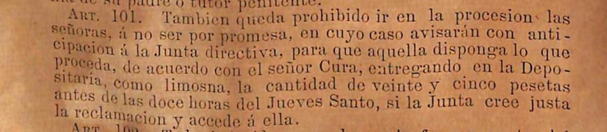 Artículo de los estatutos de 1878 que restringe la participación de mujeres en la procesión.