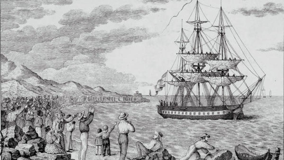 La corbeta María Pita, fletada para la Expedición  Balmis, partió del puerto de La Coruña en 1803 (grabado de Francisco Pérez).