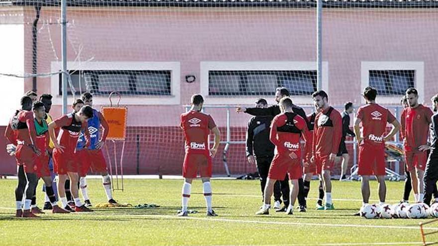 El entrenador del Mallorca, Vicente Moreno, da instrucciones a sus jugadores durante un entrenamiento en Son Bibiloni.