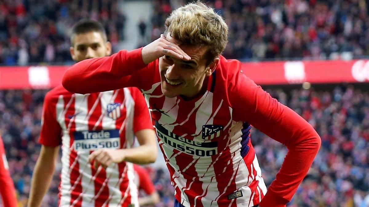 Griezmann festeja el 1-0 del Atlético al Las Palmas en el Wanda.