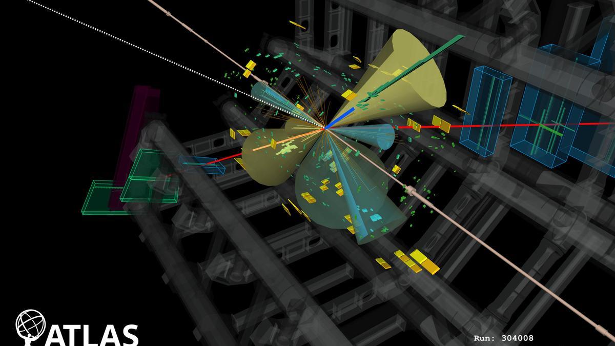 Imagen de una de las colisiones de la señal de cuatro quarks top en el detector de Atlas