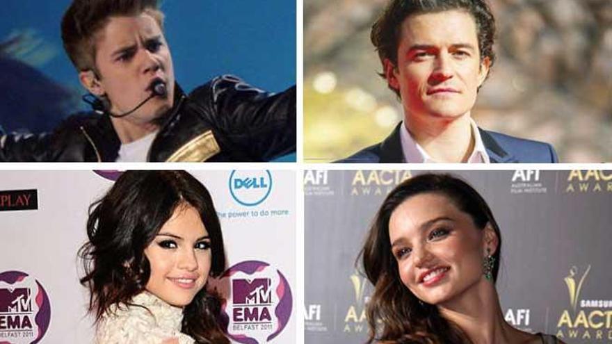 Justin Bieber y Orlando Bloom y sus ex parejas, Selena Gómez y Miranda Kerr.