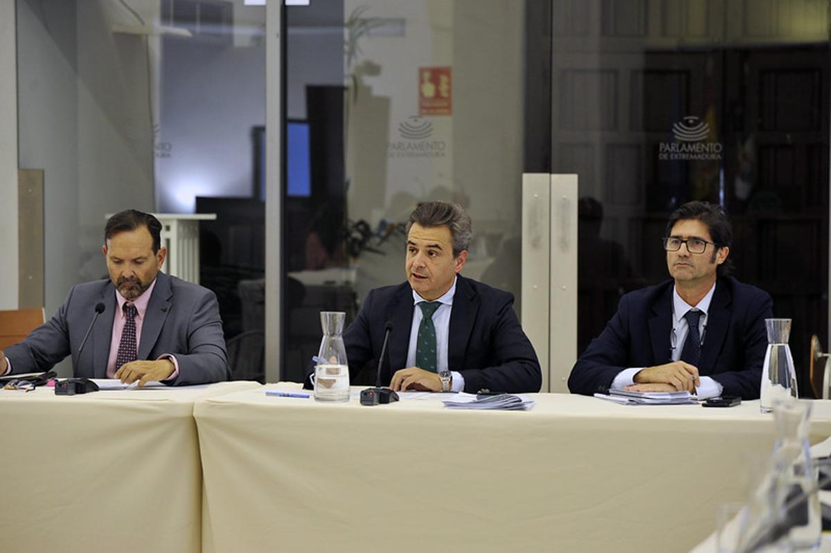 El secretario general de la consejería de Agricultura, José María Guerrero (centro), en la Asamblea de Extremadura, insiste en que lo importante es que "no caduque la DIA".