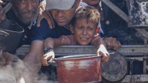 Niños tratando de conseguir comida en los centros de distribución de ayuda humanitaria.