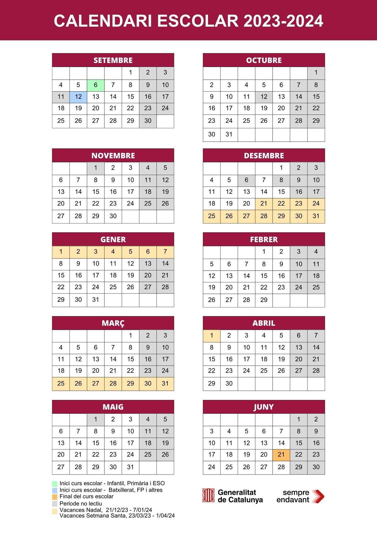 El calendari escolar per al curs 2023-2024