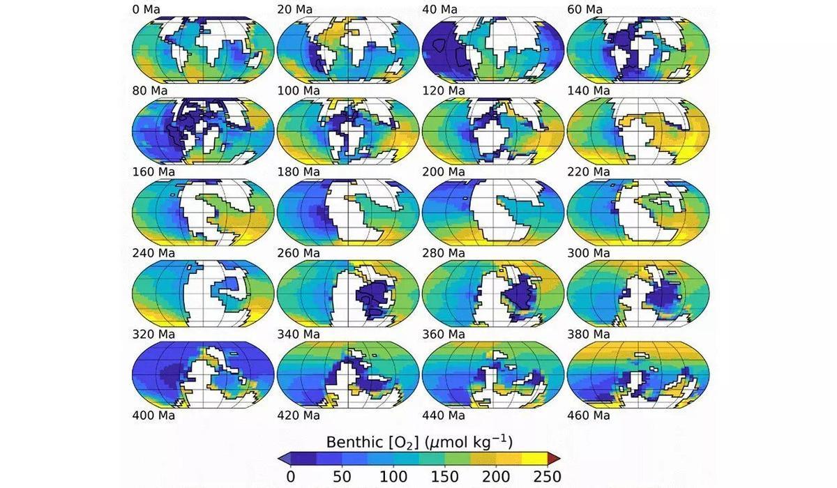 Concentración de oxígeno en el fondo del mar en las mismas condiciones pero diferente distribución continental.