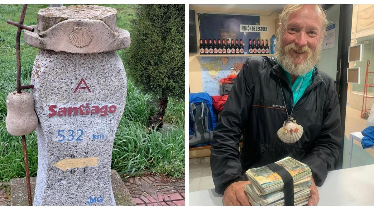 A la izquierda, un hito que marca el camino a Santiago. A la derecha, Alberto Castelló a su llegada a la ciudad gallega.