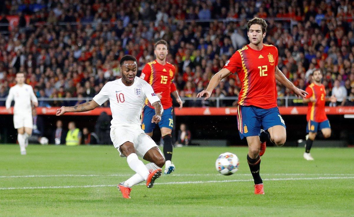 Soccer Football - UEFA Nations League - League A - Group 4 - Spain v England - Estadio Benito Villamarin  Seville  Spain - October 15  2018  England s Raheem Sterling scores their first goal   Action Images via Reuters Carl Recine