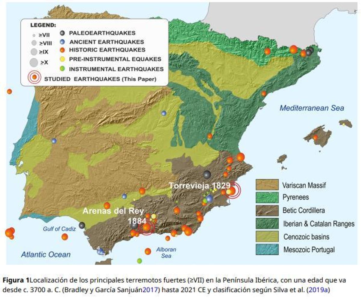 Mapa histórico de los terremotos históricos en la Península Ibérica