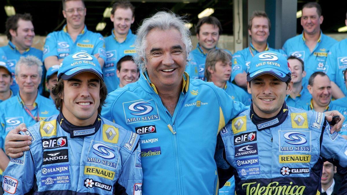 Fernando Alonso, Flavio Briatore y Giancarlo Fisichella.