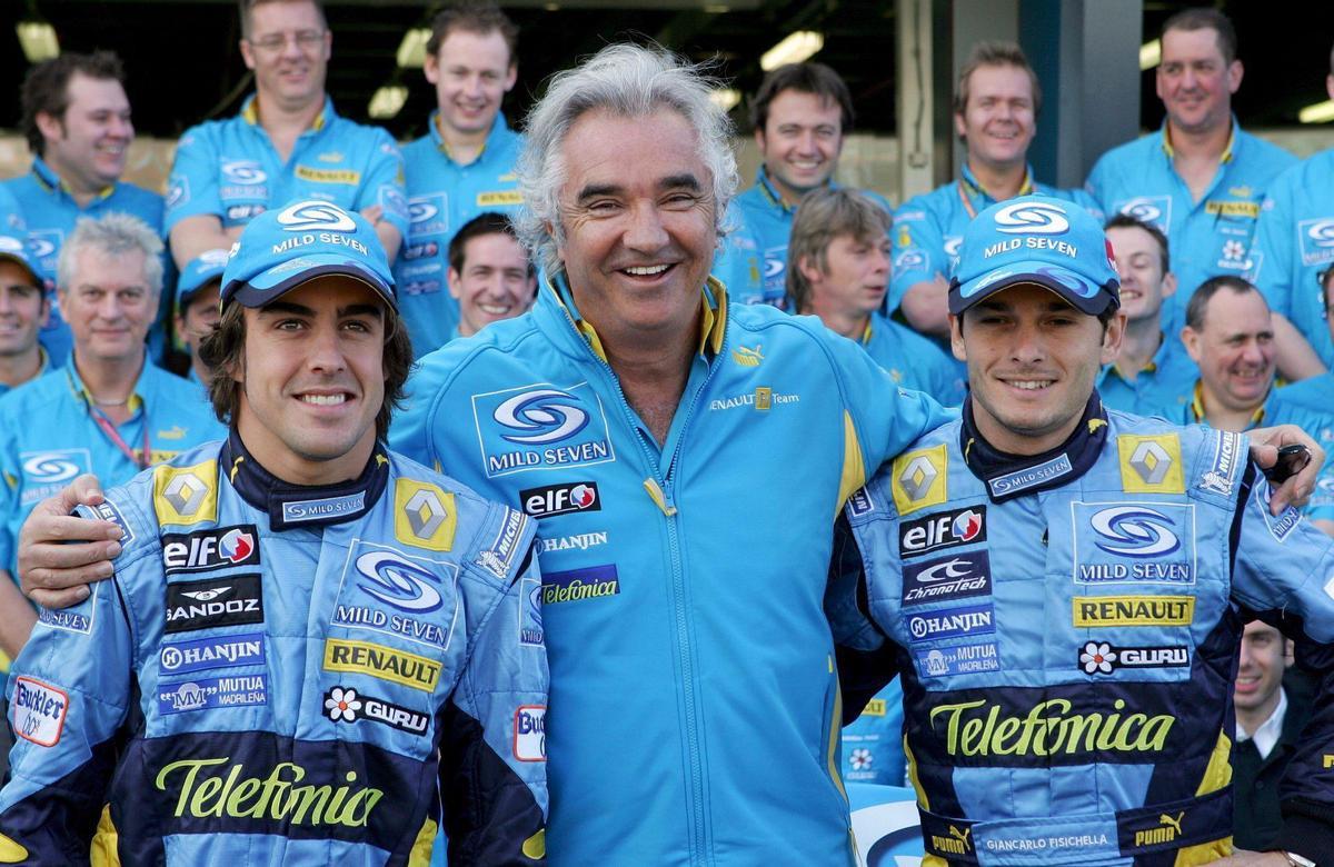 Fernando Alonso, Flavio Briatore y Giancarlo Fisichella.