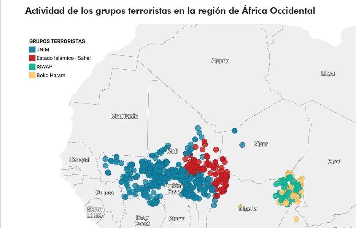 Mapa de la concentració del terrorisme gihadista al Sahel. Anuari 2025