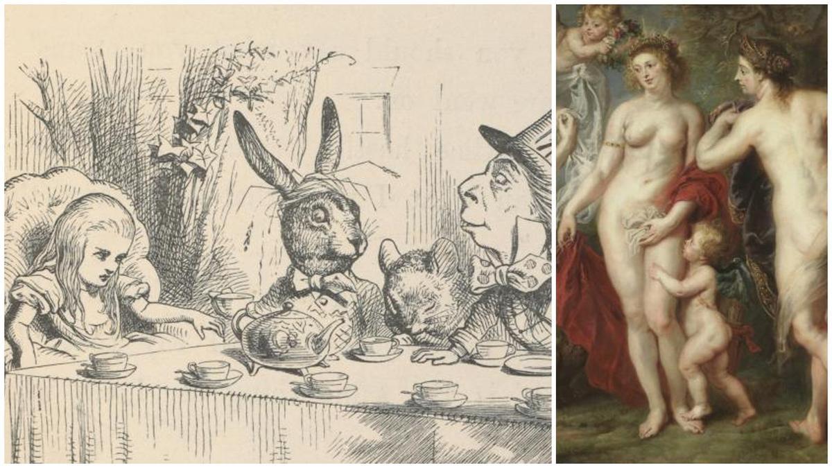 Ilustración de Tenniel para 'Alicia en el país de las maravillas' y fragmento de 'El juicio de Paris', de Rubens.