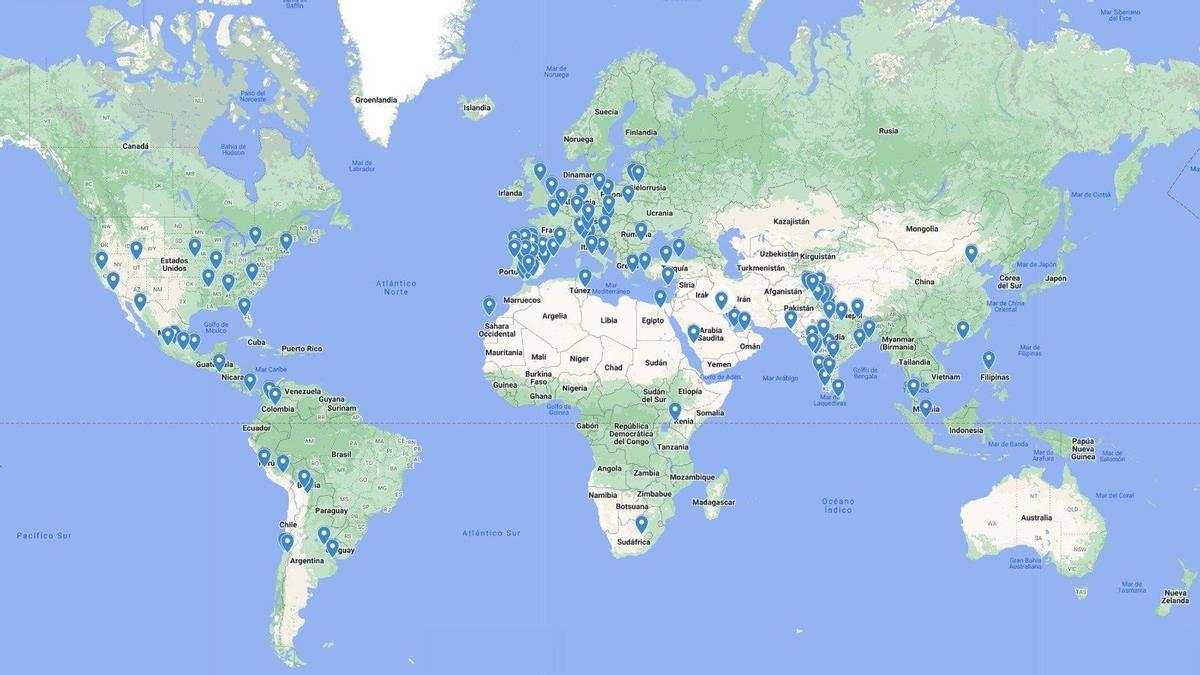 El mapa mundial con los centros participantes en el ensayo