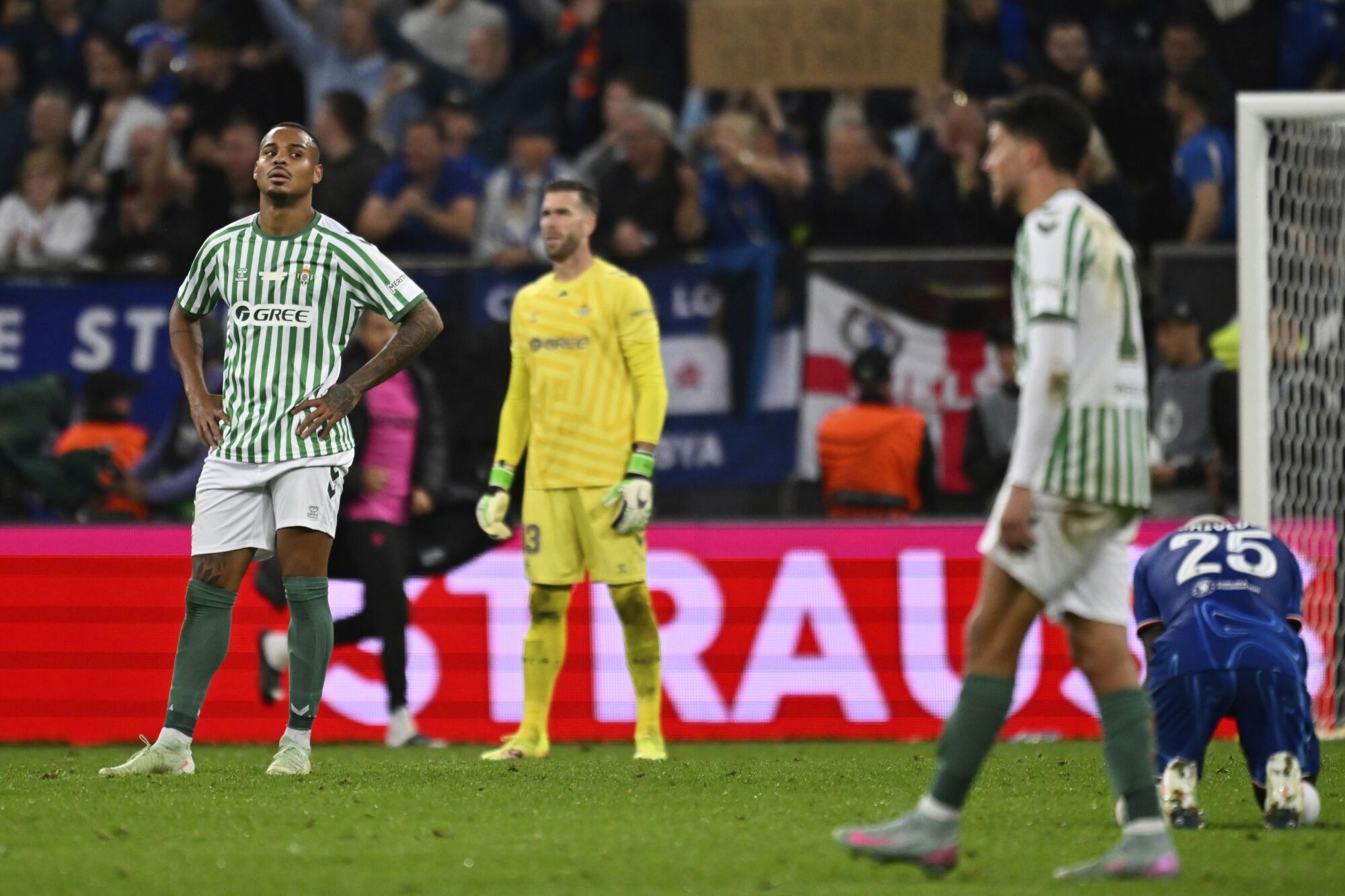 Betis' Natan reacts after Chelsea's Jadon Sancho scored his side's third goal during the Europa Conference League final soccer match between Real Betis and Chelsea in Wroclaw, Poland, Wednesday, May 28, 2025. (AP Photo/Denes Erdos)