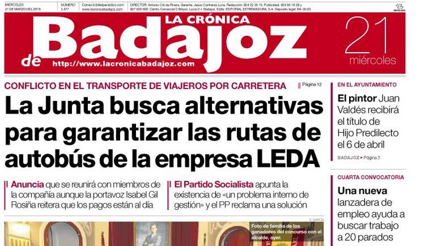 Esta es la portada de LA CRÓNICA DE BADAJOZ correspondiente al día 21 de marzo del 2018