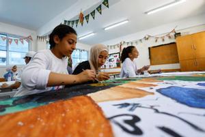 Campamento de verano organizado por la ONU en una escuela en el campamento de refugiados de Beach, Gaza