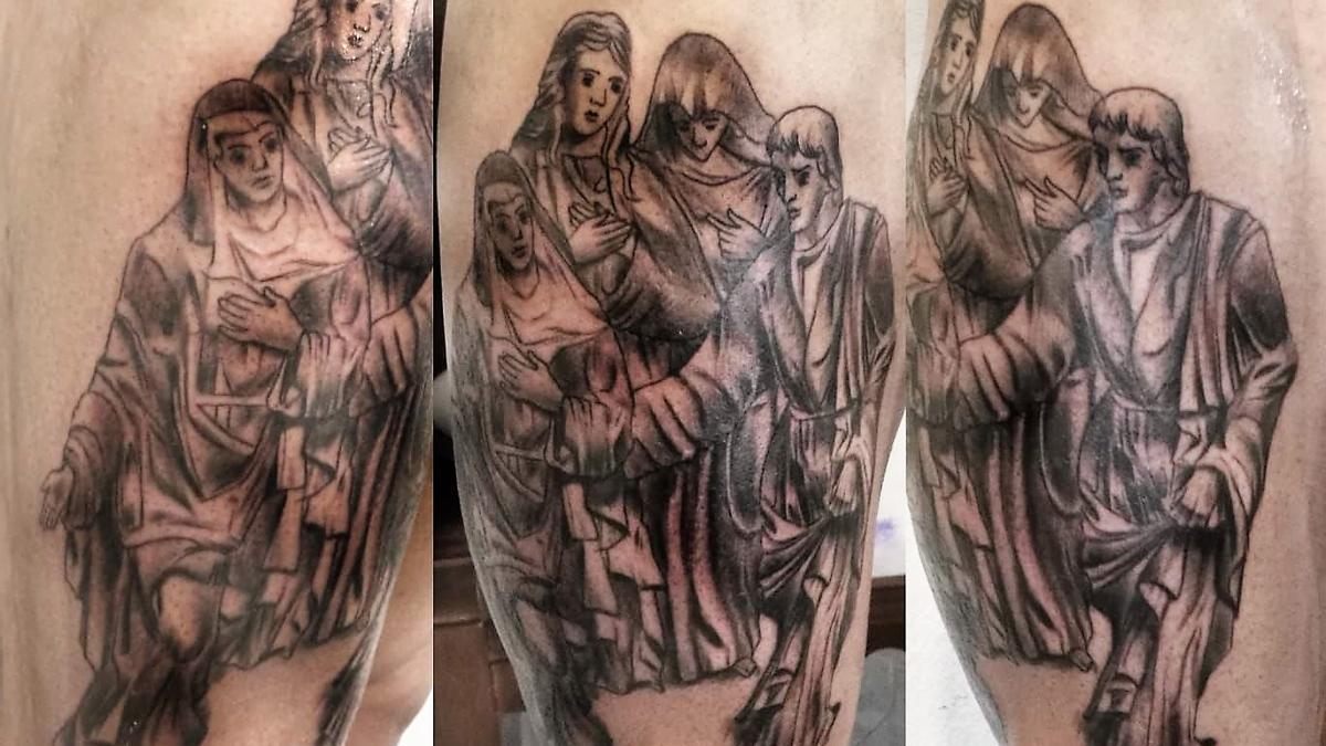 Tres imágenes del tatuaje del paso de Las tres Marias y san Juan.