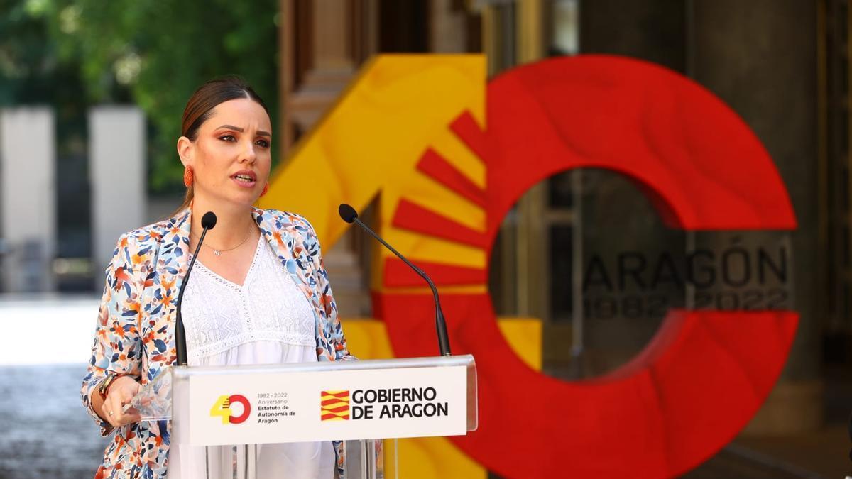 La líder de Podemos en Aragón, Maru Díaz, este jueves en el balance de gestión del Gobierno.