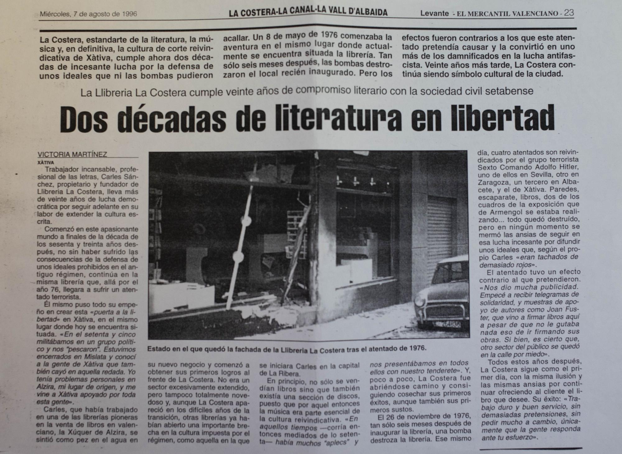 45 años del atentado con bomba atribuido al "VI comando Adolfo Hitler" contra la librería "La Costera" de Xàtiva