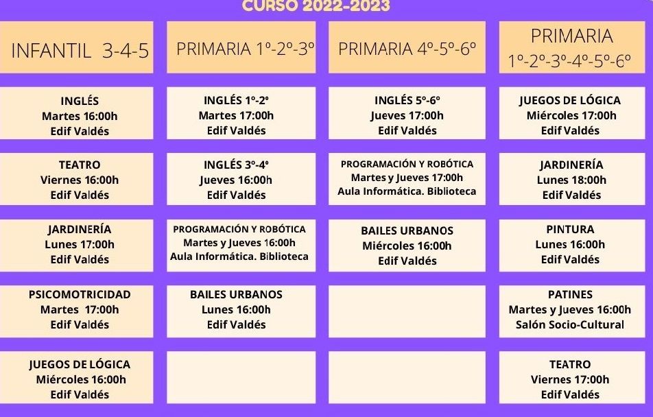 Horarios de las actividades para el nuevo curso.