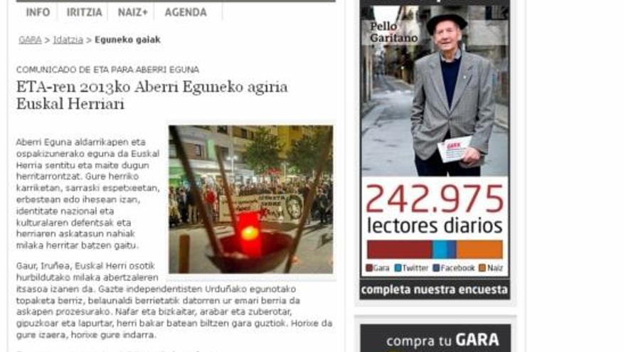 El comunicat d&#039;ETA amb motiu de l&#039;Aberri Eguna a la pàgina web del diari Gara.