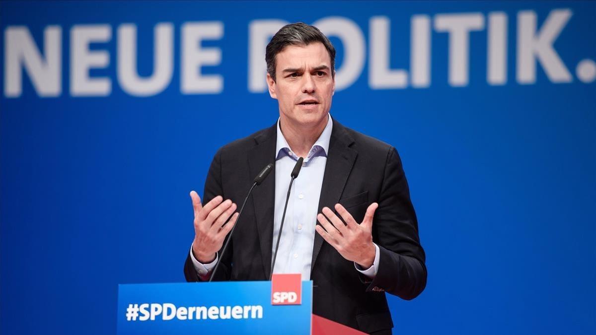 Pedro Sánchez, durante su intervención en el congreso del SPD alemán.