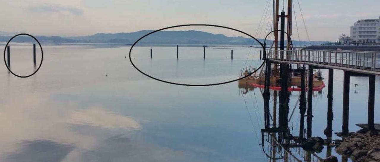 En el agua se ven, marcados con círculos, los pilotes que darán forma al pantalán exterior. En el recuadro inferior, la maqueta. // FdV