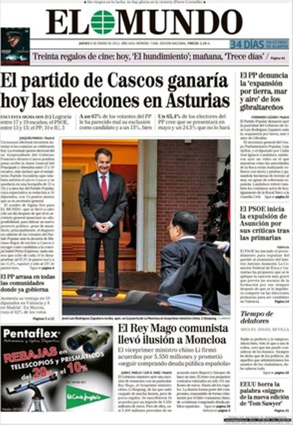 ’El Mundo’ destaca que Artur Mas controlarà personalment les ambaixades de la Generalitat i TV-3; que el conseller Lluís Recoder amenaça de demanar al Tribunal Constitucional les inversions en infraestructures; i que Amnistia Internacional critica el silenci sobre els drets humans durant la visita de la delegació xinesa a Espanya.