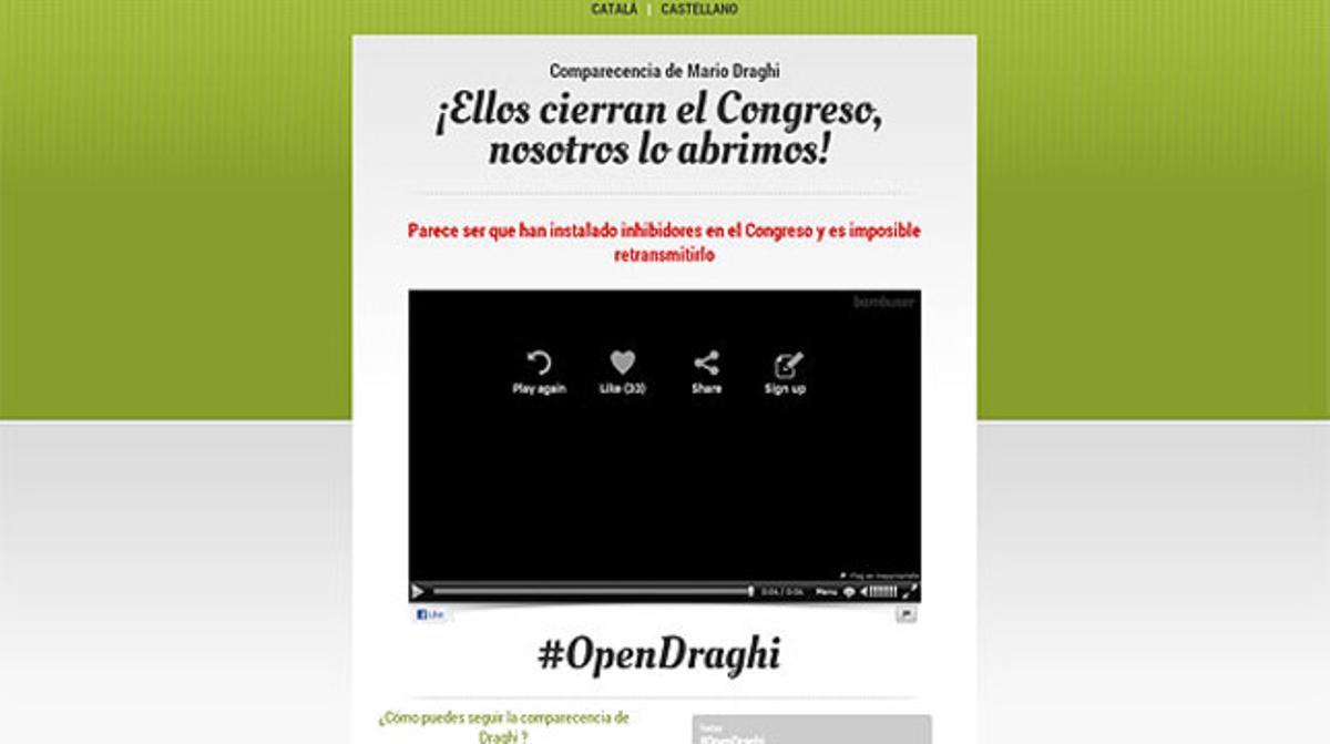 Captura de la web que havia preparat ICV per retransmetre la compareixença de Draghi. Captura de la web que havia preparat ICV per retransmetre la compareixença de Draghi.