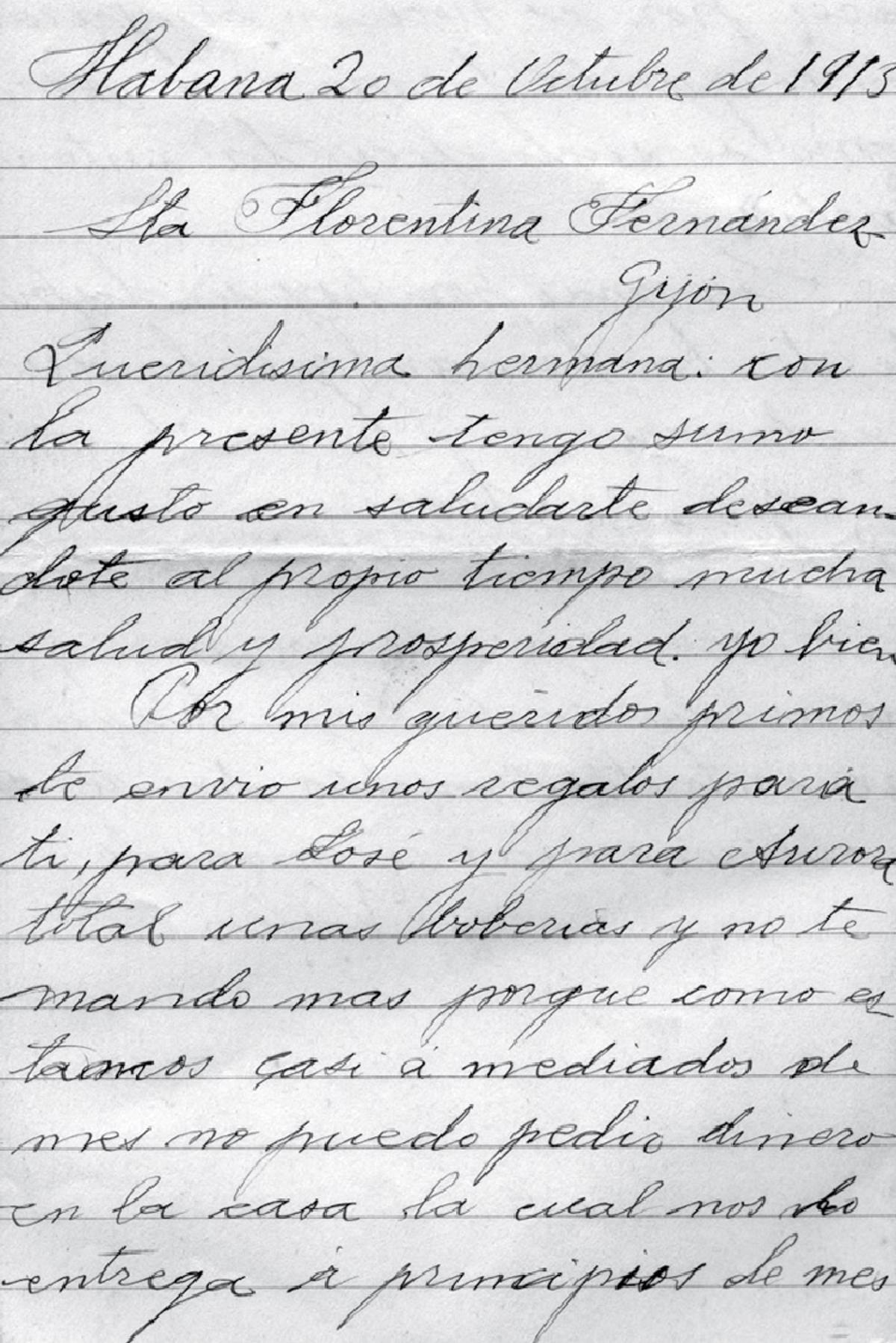 Una de las cartas que Sixto Fernández envió a su hermana Florentina.