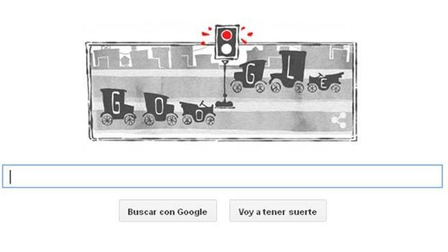 El primer semáforo eléctrico, en el doodle de Google.