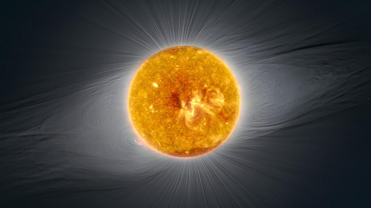Imagen del Sol que combina datos en varias longitudes de onda y que muestra la complejidad de su campo magnético.
