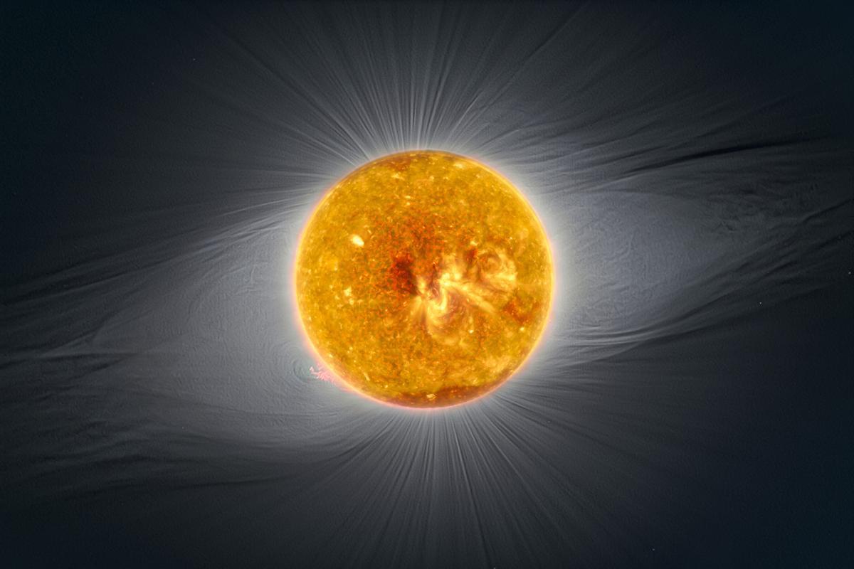 Imagen del Sol que combina datos en varias longitudes de onda y que muestra la complejidad de su campo magnético.