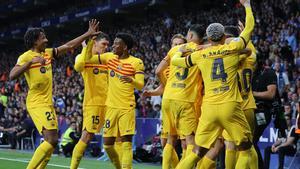 El Barça celebrando uno de sus goles ante el Espanyol