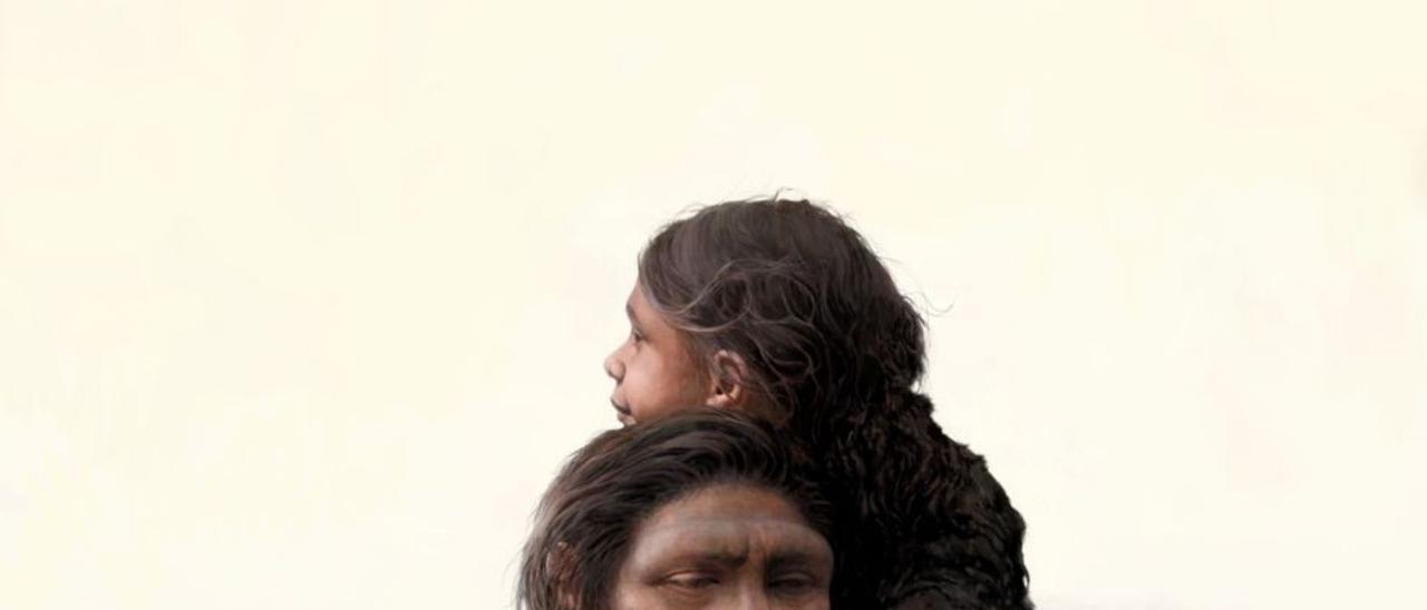 Dibuix d’un adult neandertal amb la seva filla a coll. | TOM BJORKLUND