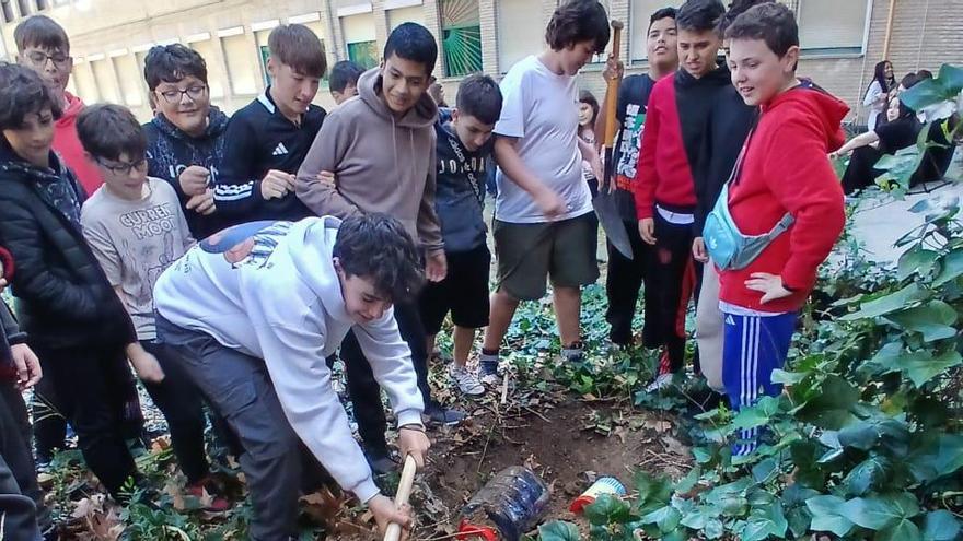 Los alumnos de 1º de ESO del IES Virgen del Pilar entierran una cápsula del tiempo