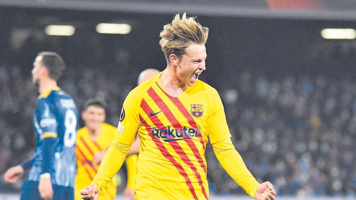 Frenkie de Jong celebra un gol con el FC Barcelona.