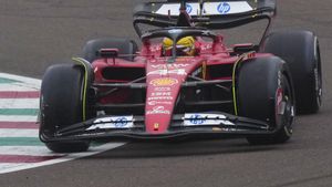 British driver Lewis Hamilton steers a Ferrari Formula One SF-23 at the Ferrari private test track, in Fiorano Modenese, Italy, Wednesday, Jan.22, 2025. (AP Photo/Luca Bruno)